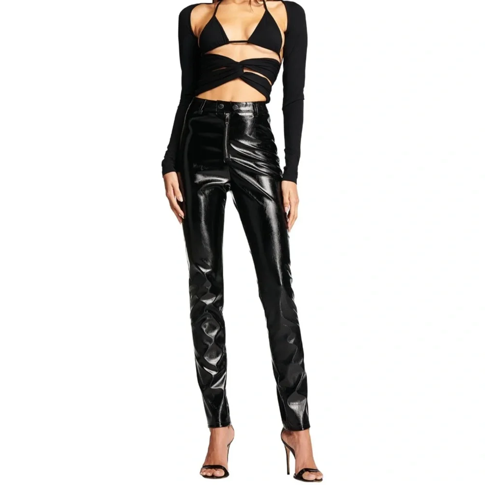 I.AM.GIA Nikole Black Faux Leather Exposed Front Zip PVC Skinny Straight Pants - Picture 1 of 12